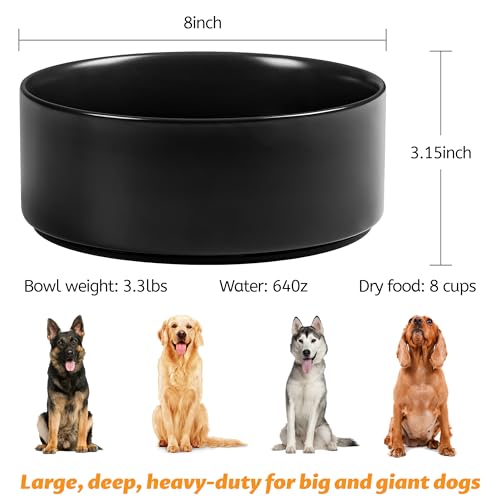 Large Dog Bowls, Non Slip Heavy Ceramic Dog Food and Water Bowl with Silicone Base, 8" Pet Feeding Bowl for Small, Medium, and Big Dogs (Black, 8 Inches) - color: Black, size: 8 Inches
