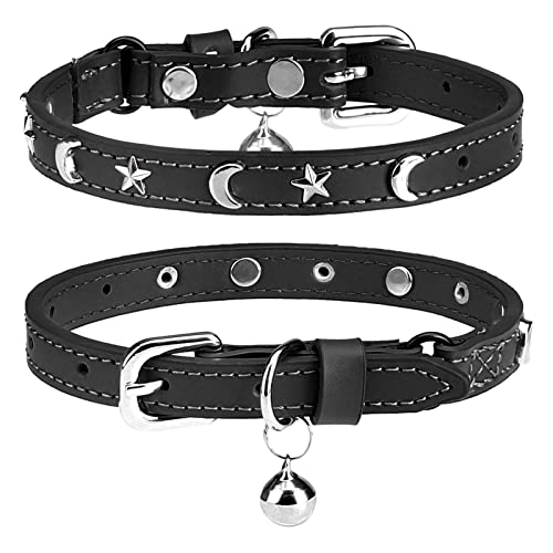 Leather Cat Collars for Boy Girl Cats with Bell and Safety Elastic Belt, Personalized Star and Moon Stud Adjustable Safe Buckle Collar for Kitty Small Big Cats Size 8-12 Inch, Black - color: Black_Star & Moon, size: 8"-12" Cats / Mini Dogs(Pack of 1)