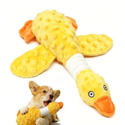 Squeaky Dog Toys for Aggressive Chewers, Durable Stuffed Animal Plush Dog Toy with Soft Fabric for Large, Medium & Small Dogs, Interactive Puppy Chew Toy for Teething, Crinkle Duck Dog Toy - Yellow - color: YELLOW