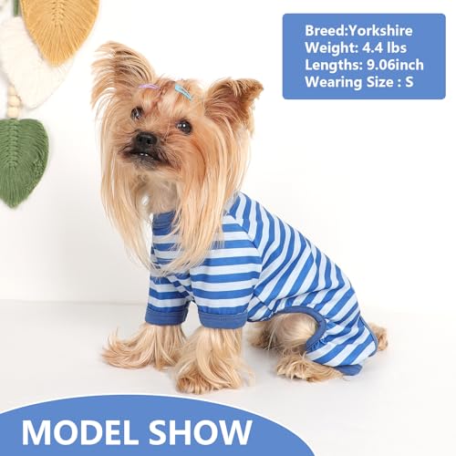Dog Pajamas Pjs Stretchable Strip Dog Jumpsuit 4 Legs Pjs for Summer Dog Clothes Puppy Onesies Doggie Outfit (Blue, Large (Chest 17in)) - color: Blue, size: Large (Chest 17in )