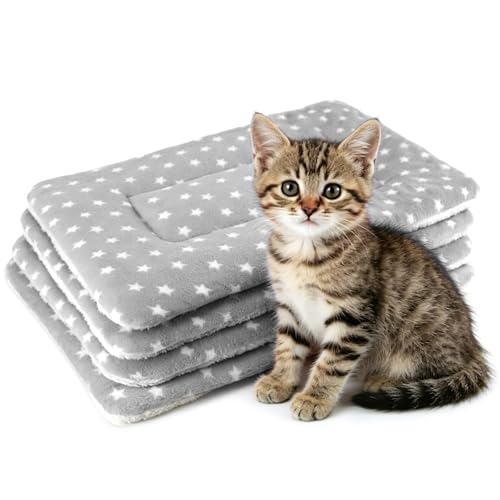 4 Pack Cat Bed Mat, 19" x 13" Soft Fluffy Flannel Small Pet Blanket, Washable Sleeping Pad for Indoor Cats, Kittens, Puppies, Star Print - Grey - color: Gray, size: 19x13 Inch