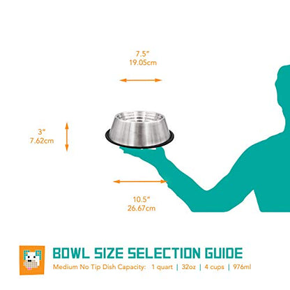 Non-Tip Dog Bowl with Rubber Base, Built-in Measurements, Won't Slip, Skid or Tip, Stainless Steel, 32oz (NTD-32) - size: 32 oz