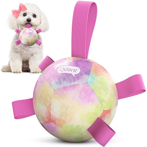 QDAN Dog Toys Soccer Ball with Straps, Durable Dog Balls for Tug of War, Puppy Birthday Gifts, Dogs Water Toy Small Dogs-Rainbow（5 Inch） - color: A-Colorful Pink, size: Small Size 1