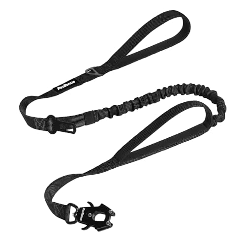 Heavy Duty Tactical Dog Leash, 5 FT Bungee Shock Absorption Leash with 2 Padded Handles, Quick Release Metal Clip, Car Seatbelt, No Pull Training Lead for Large Medium Dogs (Black) - color: Black