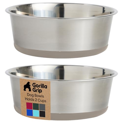 GORILLA GRIP Dog Bowls, Food Grade 304 Stainless Steel, Holds 2 Cups Each (16 fl oz) Food and Water Bowl for Feeding Dogs and Cats, Dishwasher Safe, Rust Resistant, BPA Free Rubber Base Set of 2 Beige - color: Beige, size: 2 Cup (16 Oz)