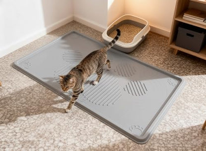 ISSEVE Cat Litter Mat 40" x 28" XL, Extra Large Silicone Mat for Litter Box, 1.38" Raised Edge Urine Waterproof Litter Trapping Mat Pad for Scatter Control, Soft on Kitty Paws, Protect Floor (Grey) - color: Light Grey