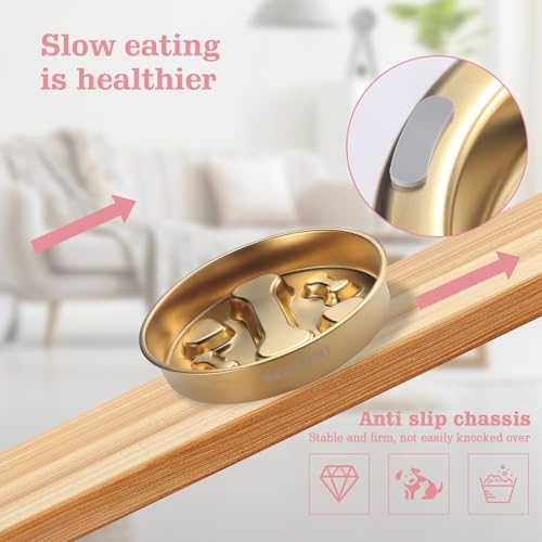 Golden Stainless Steel Slow Feeder Dog Bowls – Non-Slip Metal Dog Bowl for Large & Medium Breeds, Puppy Puzzle Feeder – 2 Cup for Small to Big Pets – Durable Slow Feed Dog & Cat Food Dish with Mat - color: Bone&Heart With Mat-Golden