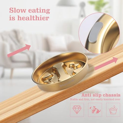 Golden Stainless Steel Slow Feeder Dog Bowls – Non-Slip Metal Dog Bowl for Large & Medium Breeds, Puppy Puzzle Feeder – 2 Cup for Small to Big Pets – Durable Slow Feed Dog & Cat Food Dish with Mat - color: Bone&Heart With Mat-Golden