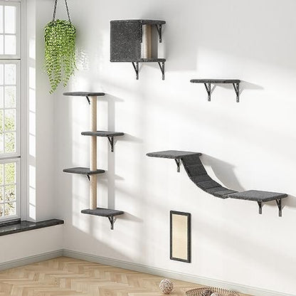5 Pcs Wooden Indoor Cat Climber - Wall-Mounted Shelves, Perches, Scratching Board, Cat Ladder & Cat Tree - Grey - color: Grey