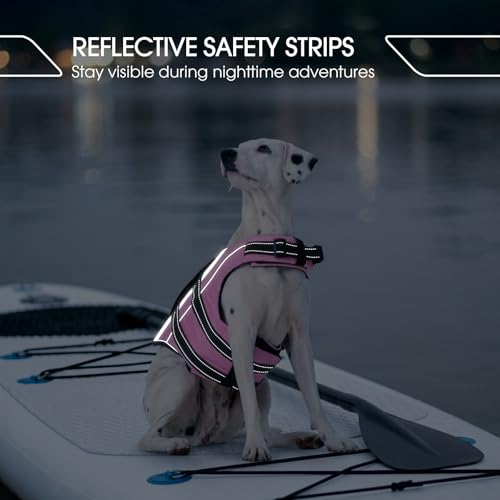 FUAMEY Dog Life Jacket Reflective, Dogs Life Vest with D-Rings & Handle, Adjustable Dog Lifejacket, Dogs Life Preserver Swimming Boating, Pink, L - color: Hot Pink, size: Large