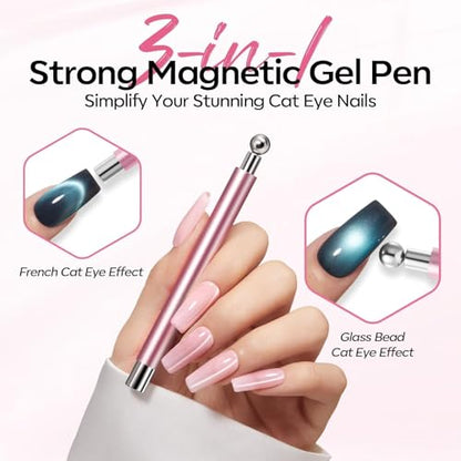 modelones Cat Eye Gel Polish Nail Magnet, 3-in-1 Cat Eye Magnet Pen & Heart-Shaped for Nail Art Tool Cylindrical & Ball &Lightning Circle Cat Eye Magnet for Cateye Gel Polish DIY Salon - color: A A 3-in-1 Double Head Cat Eye Magnet