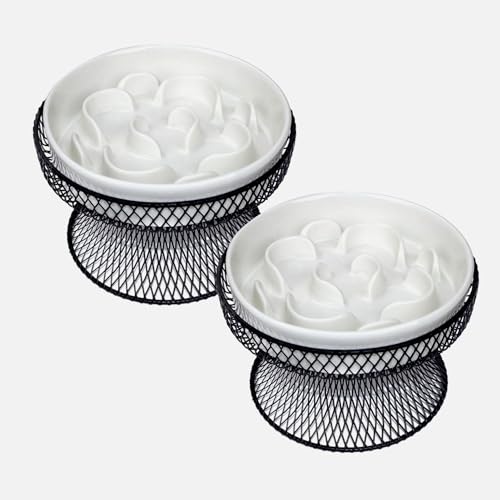 2PCS Raised Ceramic Cat Slow Feeder Bowl Elevated Food Bowl with Stand, Cat Slow Bowl for Wet Food and Dry Food,Slow Down Eating Speed, Whisker Friendly Pet Puzzle Feeder for Kitten and Small Dog - color: White Set of 2