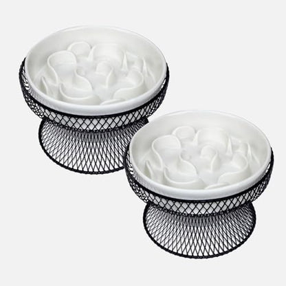 2PCS Raised Ceramic Cat Slow Feeder Bowl Elevated Food Bowl with Stand, Cat Slow Bowl for Wet Food and Dry Food,Slow Down Eating Speed, Whisker Friendly Pet Puzzle Feeder for Kitten and Small Dog - color: White Set of 2