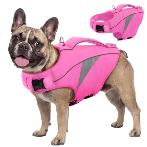 Queenmore Small Dog Life Jacket, Adjustable Dog Life Vest for Small and Medium Dogs with High Buoyancy, Lightweight Dogs Swim Vest with Rescue Handle for Swimming Boating(Pink,S) - color: Pink, size: Small