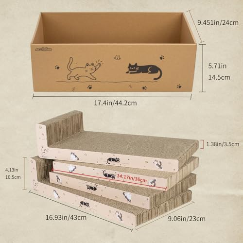 Cat Scratcher with Box, 4 Pcs Cat Scratching Pad High-Density Corrugated (2 Flat & 2 L-Shaped), Corrugated Cardboard Scratch Pad, 1.4in Thick L Scratchers for Kittens with Catnip