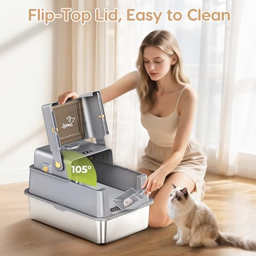 L7 Ultra-Stainless Steel Litter Box with Smart Odor Control System, XXL Extra Large Enclosed Metal Cat Litter Box with Lid for Kitty&Big Cats, High Sided Enclosure with Scoop & Mat, Anti-Leakage-Grey - color: Dark Grey