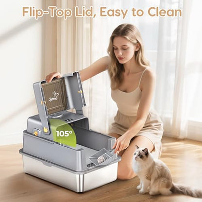 L7 Ultra-Stainless Steel Litter Box with Smart Odor Control System, XXL Extra Large Enclosed Metal Cat Litter Box with Lid for Kitty&Big Cats, High Sided Enclosure with Scoop & Mat, Anti-Leakage-Grey - color: Dark Grey