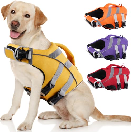 Kuoser Dog Life Jacket with Reflective Stripes, Dog Life Vest for Swimming Boating, Adjustable Pet Lifejackets with High Flotation, Doggie Swimsuit for Small Medium Large Dogs - color: 2#Yellow, size: S (Chest Girth:16.9-21.3'')