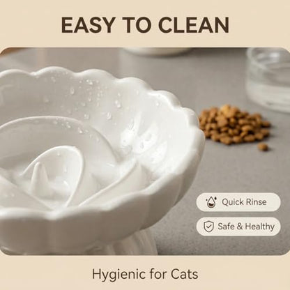 Ceramic Cat Slow Feeder, Raised Slow Feeder Cat Bowl, Anti Vomiting and Whisker Friendly Kitty Dish, Elevated Puppy Kitten Food Bowl for Dry and Wet Food (White) - color: White