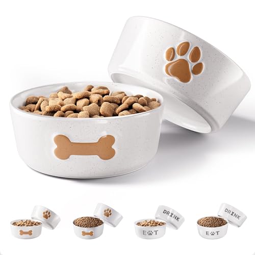 Ceramic Dog Bowl Set of 2 with Anti-Skid Base - 5" Wide x 2" Tall Ceramic Dog Bowls for Small Dogs - 2 Cup Capacity Food and Water Bowls for Dogs - Rubber Bottom Pet Bowl Set of 2 for Small Pets - color: Brown, size: Small