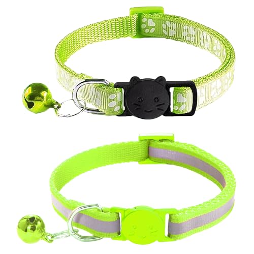 2 Pack Cat Collars - Reflective, Breakaway Design with Bells, Adjustable from 7.5 to 12.5 Inches, Ideal Kitten Collar for Both Girls & Boys (Fluorescent Green) - color: Fluorescent Green