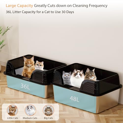 Stainless Steel Litter Box XL, Metal Litter Box with Lid - Extra Large Space with High Sides for Big Cats, Side Entry, Leak-Proof, Anti-Splashing, Transparent Black - color: Transparent Black, size: X-Large