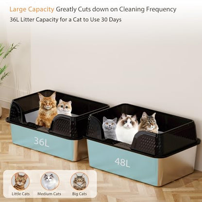 Stainless Steel Litter Box XL, Metal Litter Box with Lid - Extra Large Space with High Sides for Big Cats, Side Entry, Leak-Proof, Anti-Splashing, Transparent Black - color: Transparent Black, size: X-Large