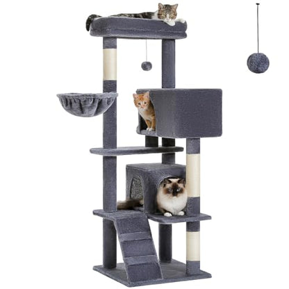 MUTTROS Cat Tree for Large Cats Adult with Super Large Top Perch, 56.3" Tower with Plush Hammock, Shelves and Dangling Pompom, Scratching Posts and 2 Condos House, Dark Gray - color: Dark Gray, size: 56.3inch
