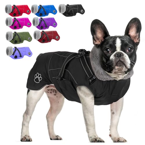 Dog Jacket Waterproof Dog Coat with Harness Built in, Christmas Puppy Winter Coat Reflective Turtleneck Puffer Snow Jackets for Small Medium Large Dogs - color: Black, size: Small