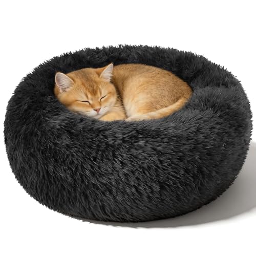 Dog Calming Beds for Small Medium Large Dogs - Round Donut Washable Puppy Dog Bed, Anti-Slip Faux Fur Fluffy Donut Cuddle Anxiety Cat Pet Bed(20" Black - color: Black, size: 20"L x 20"W x 8"Th