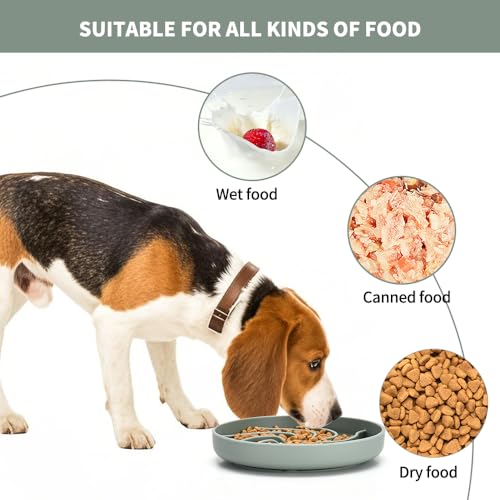 Silicone Slow Feeder Dog Bowls,Puzzle Dog Feeding Bowls with Suction Cups,Healthy Eating,Slow Feeding Anti Slip Design for Small and Medium-Sized Dogs, Dishwasher and Microwave Safe (Grey Green)
