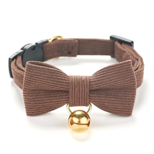 Soft Corduroy Cat Collar with Bell and Bowtie, Safety Breakaway Clasp, Adjustable for Kitten and Cats Brown Color. - color: Brown