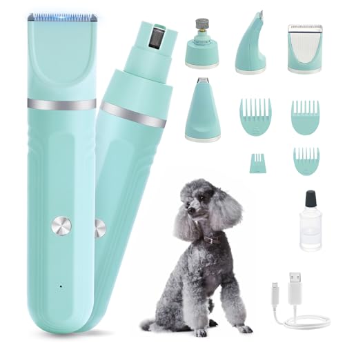 Dog Hair Clippers Grooming Kit and Paw Trimmer Nail Grinder Quiet,Dog Trimmer for Grooming,4-in-1 Rechargeable Cordless Low Noise Dog Shaver Grooming for Dogs Pets Cats(Green) - color: Green