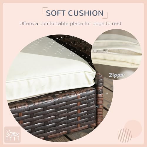 PawHut Outdoor Wicker Dog House with Canopy, Rattan Dog Bed with Soft Cushion Removable Cover for Medium and Large Dogs, Cream White