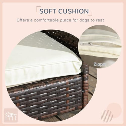PawHut Outdoor Wicker Dog House with Canopy, Rattan Dog Bed with Soft Cushion Removable Cover for Medium and Large Dogs, Cream White