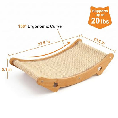 Sisal Cat Scratcher Bed, 3-in-1 Natural Sisal Scratching Board & Hammock, Solid Wood Frame, Ergonomic 150° Curve, No Cardboard Dust, for Indoor Cats up to 20 lbs