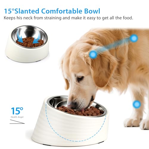 Uppetly Tilted Angle Dog Bowl, 15° Slanted Stainless Steel Dog Cat Food Bowl, Non-Slip & Non-Spill Pet Feeder with Elevated Detachable Melamine Stand, Easy to Get Food Dish, Large 2 Cup White - color: White-2Cup
