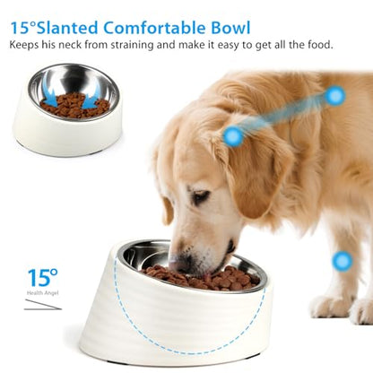 Uppetly Tilted Angle Dog Bowl, 15° Slanted Stainless Steel Dog Cat Food Bowl, Non-Slip & Non-Spill Pet Feeder with Elevated Detachable Melamine Stand, Easy to Get Food Dish, Large 2 Cup White - color: White-2Cup