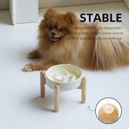 Havniva 6.1” Raised Slow Feeder Dog Bowls, 0.9 Cups Ceramic Dog Bowl Slow Feeding for Small Breed, Elevated Puzzle Dog Food Bowl with Wooden Stand Non-Slip Anti-Gulping & Anti-Choking - color: 1 x Light Yellow+Stand-A, size: 6.1inch