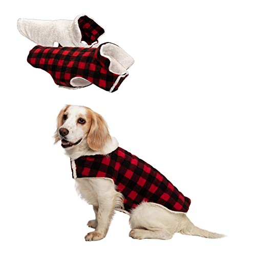 Furhaven Reversible Medium Dog Coat, Washable & Insulating w/ Leash Access - Sherpa & Plaid Fleece Flex-Fit Jacket - Cream/Red, Medium - color: Cream/Red Plaid, size: Medium