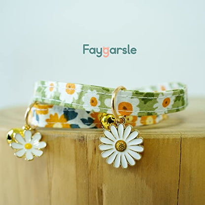 2 Pack Cotton Breakaway Cat Collars with Bell Daisy Pendant Kitty Kitten Collars Green Orange Collar for Female Girl Cats Male Boy Cats - color: Green&Orange