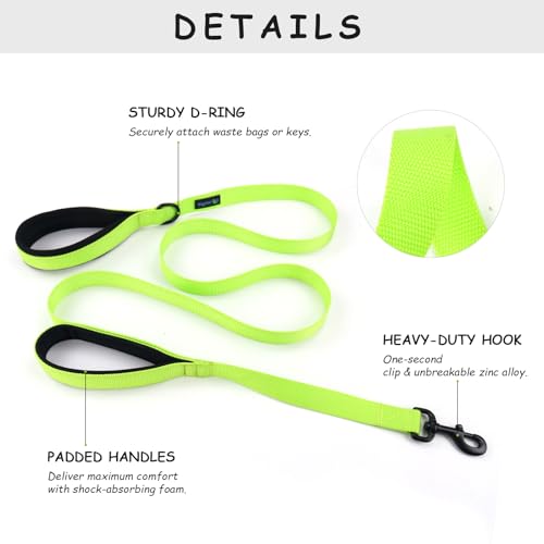 Wagtime Club Double Handle Dog Leash, 6ft Long Heavy Duty Dog Leash with Paded Traffic Handles for Extral Control and Training, Dual Handles Leads, Large Medium Small Dogs (Neon Green) - color: Neon Green