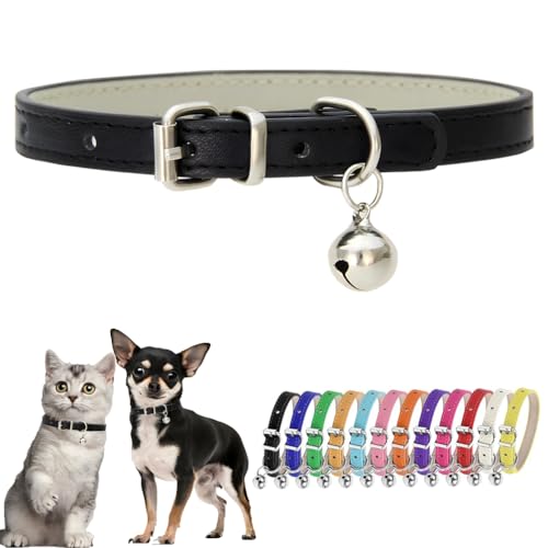 Black Puppy Collar with Bell PU Leather XXS Dog Collar with Bell Adjustable Buckle Kitten Cat Collars for XXSmall XS Tiny Little Extra Small Breed Pets Boys Girls Like Chihuahua, XX-Small - color: Black, size: XX-Small (5-8 inches)