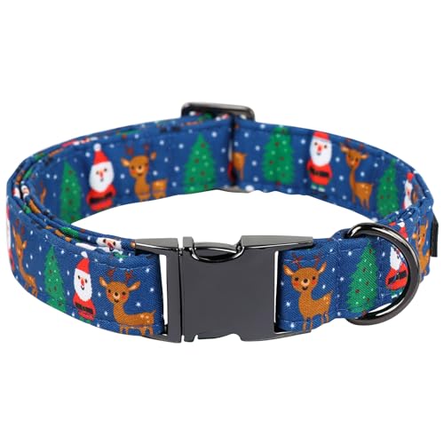 Maca Bates Blue Christmas Basic Dog Collar for Small Boy Girl Dogs,Reindeer,Santa Claus,Christmas Tree Pattern, Soft Adjustable Durable Collars Winter for Male Female Puppy - color: Christmas-Elk, size: S
