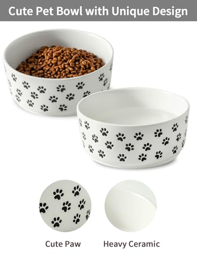 UBEE 6.5 inch Dog Bowls Set of 2, Ceramic Dog Food Water Bowl Dish with Paw Pattern, Pet Food Water Dishes Feeding for Small and Meidum Dogs and Large Cat, White - color: White-paw, size: 6.5 inch x 2