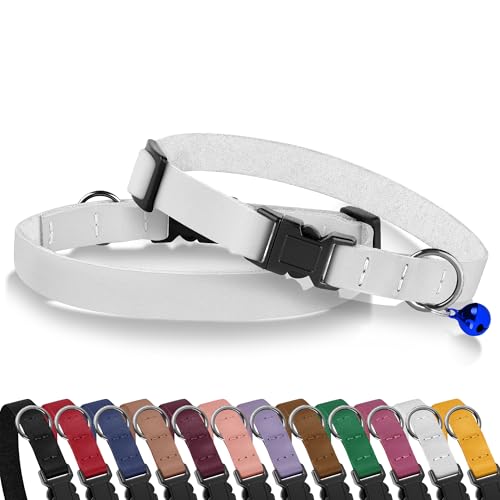 Breakaway Cat Collar with Bell - Leather Adjustable Kitten Collars with Safety Quick Release Buckle - Soft Small Pet Collars for Girl & Boy Cats (White) - color: White