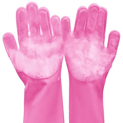 Pet Grooming Gloves, Dog Bathing Gloves with High-Density Teeth, Heat Resistant Silicone Cat Hair Remover with Enhanced Five Finger Design, Bathing and Massaging for Dogs and Cats (Pink) - color: Pink