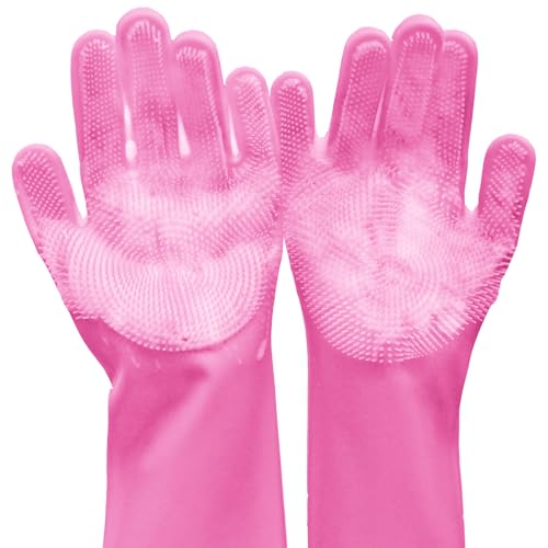 Pet Grooming Gloves, Dog Bathing Gloves with High-Density Teeth, Heat Resistant Silicone Cat Hair Remover with Enhanced Five Finger Design, Bathing and Massaging for Dogs and Cats (Pink) - color: Pink