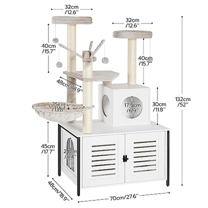 HOOBRO Cat Tree with Scratching Posts, Cat Tower Litter Box Enclosure Furniture for Indoor Cats, All-in-One Wooden Cat House Condo with Cat Hammock, Detachable Teaser Sticks, White BW14MZ03 - color: White