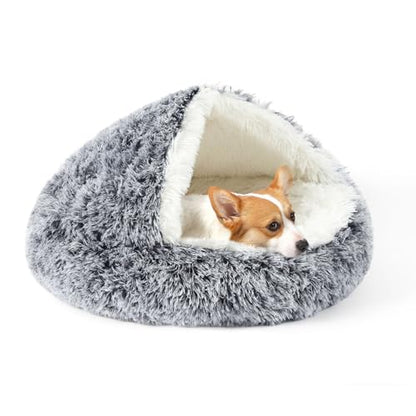 Dog Bed Round Hooded Plush Cat Cave Self Warming Pet Bed Donut Anti Anxiety Fluffy Pet Bed for Puppy and Kitty - color: Gradient Dark grey, size: Medium 23.6''